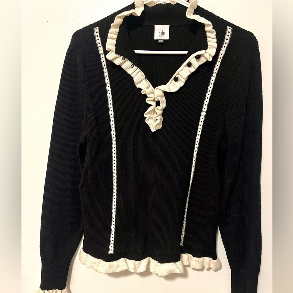 Cabi Adorn pullover cotton blend sweater black & white ruffle trim size M - Picture 2 of 10